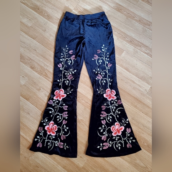 Chasing Unicorns Pants - Chasing Unicorns Black Since You've Been Gone Embroidered Flare Velvet Pants